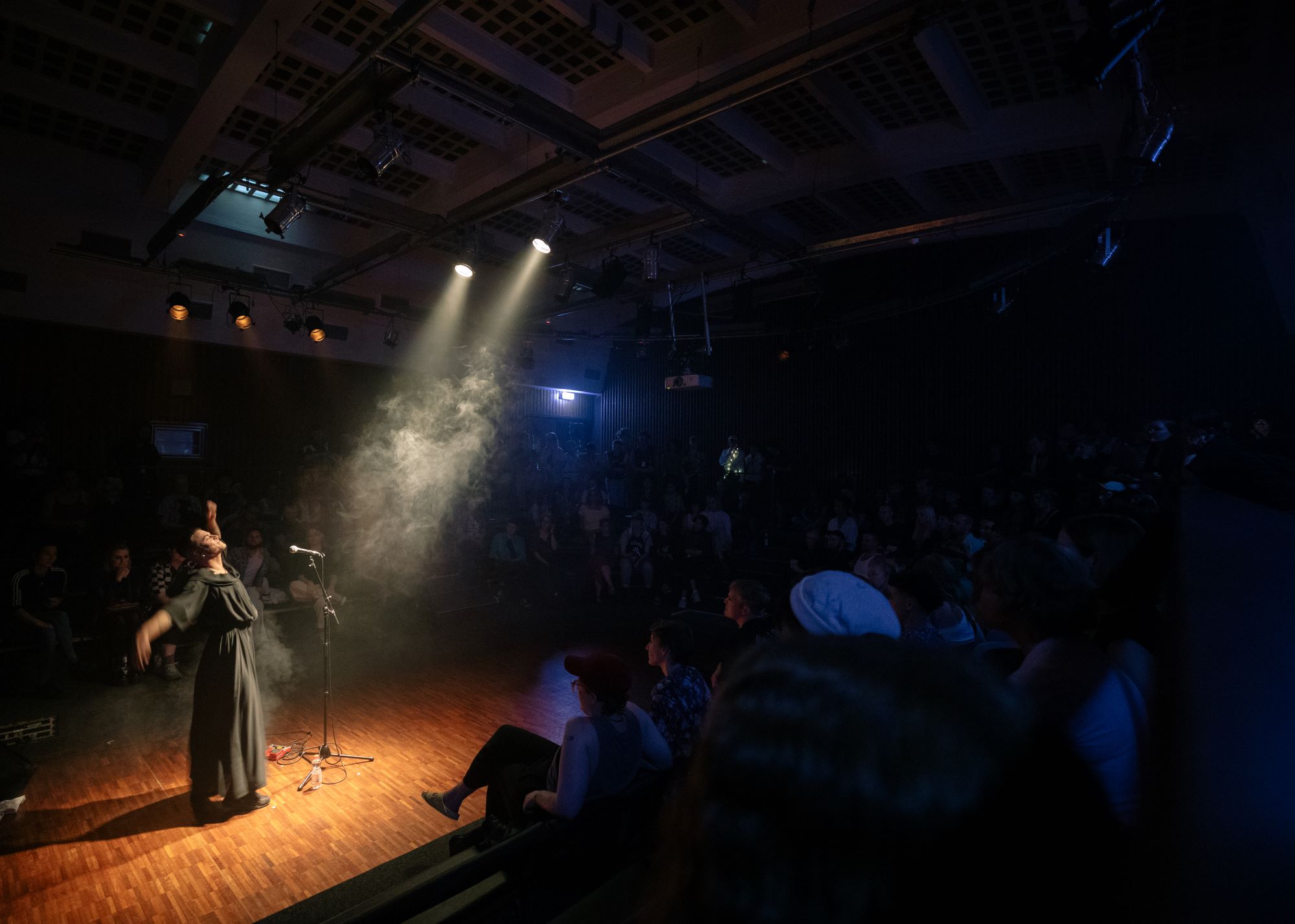 _Theotherwithin_ is wearing a black flowy dress and striking a powerful pose with their arms captured in movement and their head turned towards the ceiling. Two yellow stage lights are the only source of light in the room as they illuminate the performer’s dress, the mic stand in front of them and the fog that is flowing through the room. The audience is engulfed in darkness and can just barely be made out while watching the performance.   _Theotherwithin_ trägt ein schwarzes, fließendes Kleid und nimmt eine kraftvolle Pose ein, bei der deren Arme in ihrer Bewegung eingefangen werden und der Kopf zur Decke gerichtet ist. Zwei gelbe Bühnenscheinwerfer sind die einzige Lichtquelle im Raum. Sie beleuchten das Kleid der performenden Person, den Mikrofonständer und den Nebel, der den Raum durchzieht. Das Publikum ist in Dunkelheit getaucht und kann gerade noch so entziffert werden, wie es die Vorstellung verfolgt. 